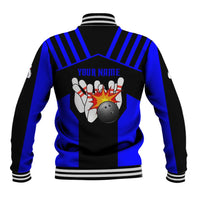 Custom Blue and Black Bowling Baseball Jacket with Exploding Strike Design Pin Graphics - Wonder Print Shop