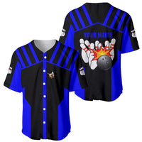 Custom Blue and Black Bowling Baseball Jersey with Exploding Strike Design Pin Graphics - Wonder Print Shop