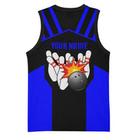 Custom Blue and Black Bowling Basketball Jersey with Exploding Strike Design Pin Graphics - Wonder Print Shop