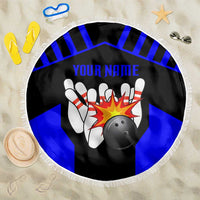 Custom Blue and Black Bowling Beach Blanket with Exploding Strike Design Pin Graphics - Wonder Print Shop