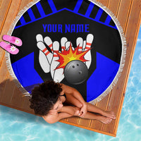 Custom Blue and Black Bowling Beach Blanket with Exploding Strike Design Pin Graphics - Wonder Print Shop