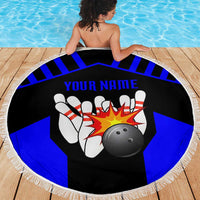 Custom Blue and Black Bowling Beach Blanket with Exploding Strike Design Pin Graphics - Wonder Print Shop