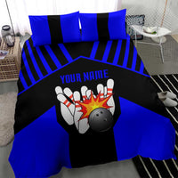 Custom Blue and Black Bowling Bedding Set with Exploding Strike Design Pin Graphics - Wonder Print Shop