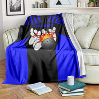 Custom Blue and Black Bowling Blanket with Exploding Strike Design Pin Graphics - Wonder Print Shop