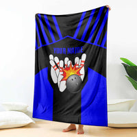 Custom Blue and Black Bowling Blanket with Exploding Strike Design Pin Graphics - Wonder Print Shop