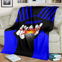 Custom Blue and Black Bowling Blanket with Exploding Strike Design Pin Graphics - Wonder Print Shop