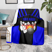 Custom Blue and Black Bowling Blanket with Exploding Strike Design Pin Graphics - Wonder Print Shop