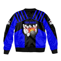 Custom Blue and Black Bowling Bomber Jacket with Exploding Strike Design Pin Graphics - Wonder Print Shop