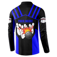 Custom Blue and Black Bowling Button Sweatshirt with Exploding Strike Design Pin Graphics - Wonder Print Shop