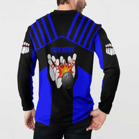 Custom Blue and Black Bowling Button Sweatshirt with Exploding Strike Design Pin Graphics - Wonder Print Shop