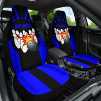 Custom Blue and Black Bowling Car Seat Cover with Exploding Strike Design Pin Graphics - Wonder Print Shop