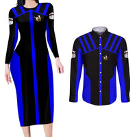 Custom Blue and Black Bowling Couples Matching Long Sleeve Bodycon Dress and Long Sleeve Button Shirt with Exploding Strike Design Pin Graphics - Wonder Print Shop