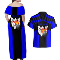 Custom Blue and Black Bowling Couples Matching Off Shoulder Maxi Dress and Hawaiian Shirt with Exploding Strike Design Pin Graphics - Wonder Print Shop