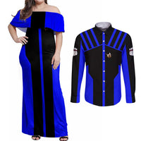 Custom Blue and Black Bowling Couples Matching Off Shoulder Maxi Dress and Long Sleeve Button Shirt with Exploding Strike Design Pin Graphics - Wonder Print Shop
