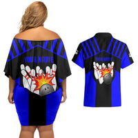 Custom Blue and Black Bowling Couples Matching Off Shoulder Short Dress and Hawaiian Shirt with Exploding Strike Design Pin Graphics - Wonder Print Shop