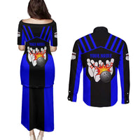 Custom Blue and Black Bowling Couples Matching Puletasi and Long Sleeve Button Shirt with Exploding Strike Design Pin Graphics - Wonder Print Shop