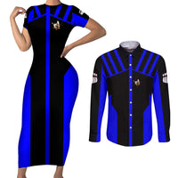 Custom Blue and Black Bowling Couples Matching Short Sleeve Bodycon Dress and Long Sleeve Button Shirt with Exploding Strike Design Pin Graphics - Wonder Print Shop