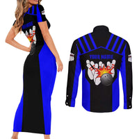 Custom Blue and Black Bowling Couples Matching Short Sleeve Bodycon Dress and Long Sleeve Button Shirt with Exploding Strike Design Pin Graphics - Wonder Print Shop