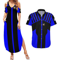 Custom Blue and Black Bowling Couples Matching Summer Maxi Dress and Hawaiian Shirt with Exploding Strike Design Pin Graphics - Wonder Print Shop