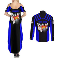 Custom Blue and Black Bowling Couples Matching Summer Maxi Dress and Long Sleeve Button Shirt with Exploding Strike Design Pin Graphics - Wonder Print Shop