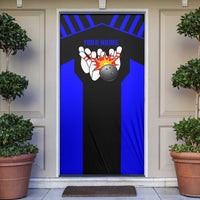 Custom Blue and Black Bowling Door Cover with Exploding Strike Design Pin Graphics - Wonder Print Shop
