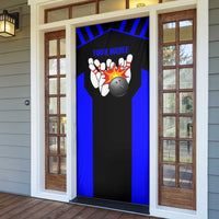 Custom Blue and Black Bowling Door Cover with Exploding Strike Design Pin Graphics - Wonder Print Shop