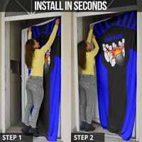 Custom Blue and Black Bowling Door Cover with Exploding Strike Design Pin Graphics - Wonder Print Shop