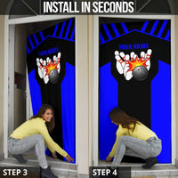 Custom Blue and Black Bowling Door Cover with Exploding Strike Design Pin Graphics - Wonder Print Shop