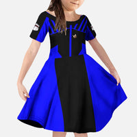 Custom Blue and Black Bowling Family Matching Off The Shoulder Long Sleeve Dress and Hawaiian Shirt with Exploding Strike Design Pin Graphics - Wonder Print Shop