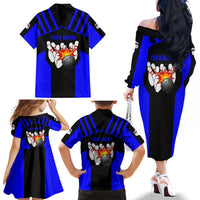 Custom Blue and Black Bowling Family Matching Off The Shoulder Long Sleeve Dress and Hawaiian Shirt with Exploding Strike Design Pin Graphics - Wonder Print Shop