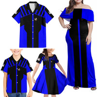 Custom Blue and Black Bowling Family Matching Off Shoulder Maxi Dress and Hawaiian Shirt with Exploding Strike Design Pin Graphics - Wonder Print Shop