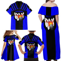 Custom Blue and Black Bowling Family Matching Off Shoulder Maxi Dress and Hawaiian Shirt with Exploding Strike Design Pin Graphics - Wonder Print Shop
