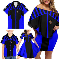Custom Blue and Black Bowling Family Matching Off Shoulder Short Dress and Hawaiian Shirt with Exploding Strike Design Pin Graphics - Wonder Print Shop