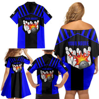 Custom Blue and Black Bowling Family Matching Off Shoulder Short Dress and Hawaiian Shirt with Exploding Strike Design Pin Graphics - Wonder Print Shop