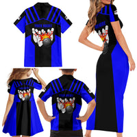 Custom Blue and Black Bowling Family Matching Short Sleeve Bodycon Dress and Hawaiian Shirt with Exploding Strike Design Pin Graphics - Wonder Print Shop