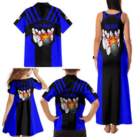 Custom Blue and Black Bowling Family Matching Tank Maxi Dress and Hawaiian Shirt with Exploding Strike Design Pin Graphics - Wonder Print Shop