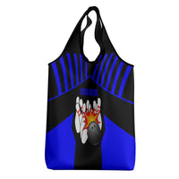 Custom Blue and Black Bowling Grocery Bag with Exploding Strike Design Pin Graphics - Wonder Print Shop