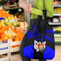 Custom Blue and Black Bowling Grocery Bag with Exploding Strike Design Pin Graphics - Wonder Print Shop