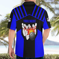 Custom Blue and Black Bowling Hawaiian Shirt with Exploding Strike Design Pin Graphics - Wonder Print Shop