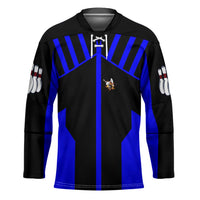 Custom Blue and Black Bowling Hockey Jersey with Exploding Strike Design Pin Graphics - Wonder Print Shop