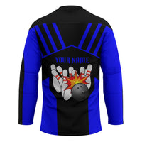 Custom Blue and Black Bowling Hockey Jersey with Exploding Strike Design Pin Graphics - Wonder Print Shop