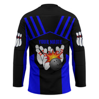 Custom Blue and Black Bowling Hockey Jersey with Exploding Strike Design Pin Graphics - Wonder Print Shop