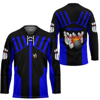 Custom Blue and Black Bowling Hockey Jersey with Exploding Strike Design Pin Graphics - Wonder Print Shop