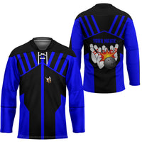 Custom Blue and Black Bowling Hockey Jersey with Exploding Strike Design Pin Graphics - Wonder Print Shop