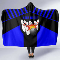 Custom Blue and Black Bowling Hooded Blanket with Exploding Strike Design Pin Graphics - Wonder Print Shop