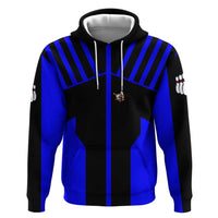 Custom Blue and Black Bowling Hoodie with Exploding Strike Design Pin Graphics - Wonder Print Shop