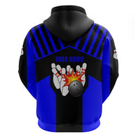 Custom Blue and Black Bowling Hoodie with Exploding Strike Design Pin Graphics - Wonder Print Shop