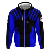 Custom Blue and Black Bowling Hoodie with Exploding Strike Design Pin Graphics - Wonder Print Shop