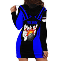 Custom Blue and Black Bowling Hoodie Dress with Exploding Strike Design Pin Graphics - Wonder Print Shop