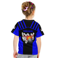 Custom Blue and Black Bowling Kid T Shirt with Exploding Strike Design Pin Graphics - Wonder Print Shop